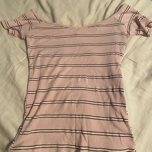 pink striped off the shoulder top